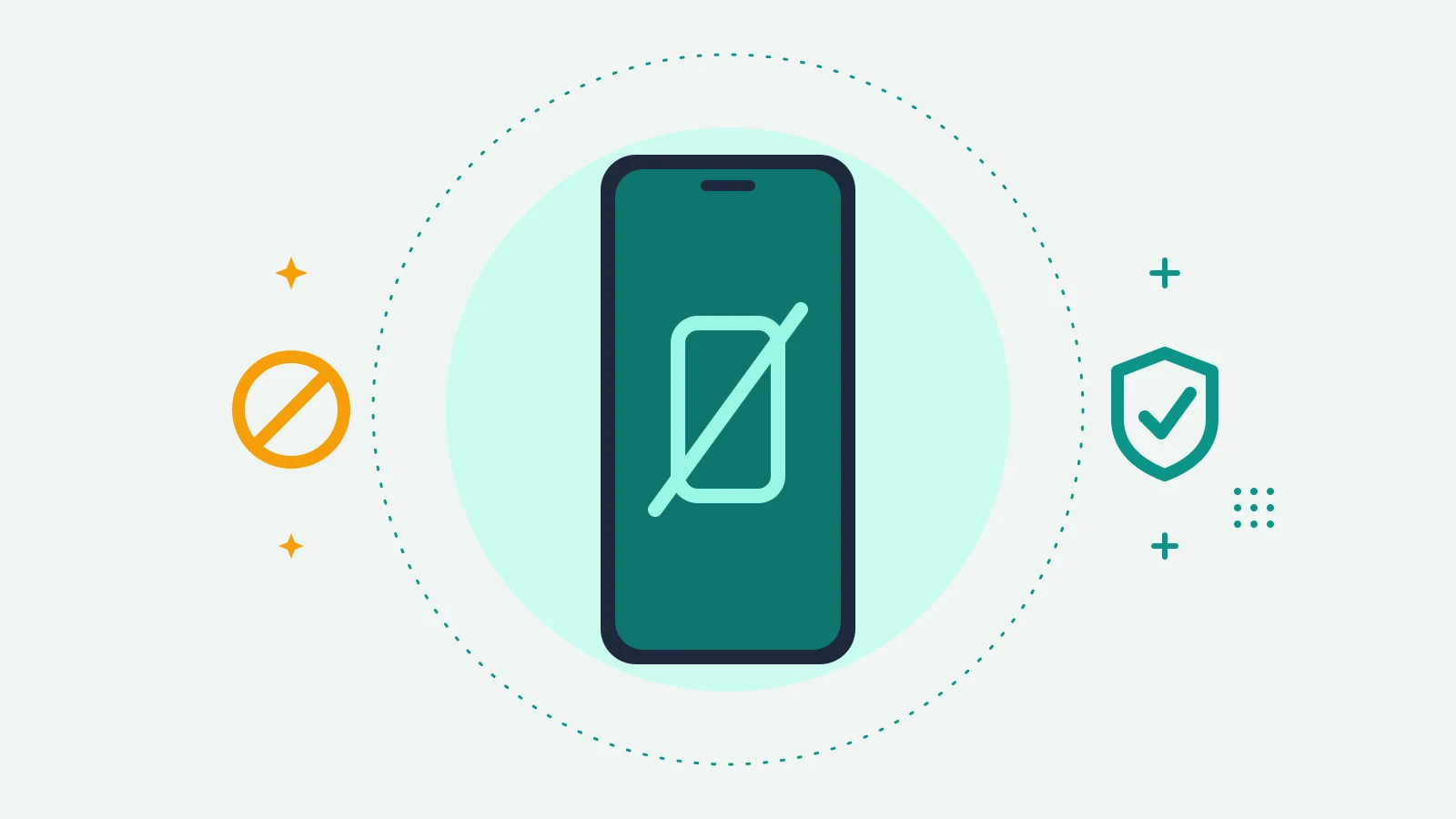 Illustration of a phone showing a handset with a line through it, with a ban circle on one side and a shield on the other