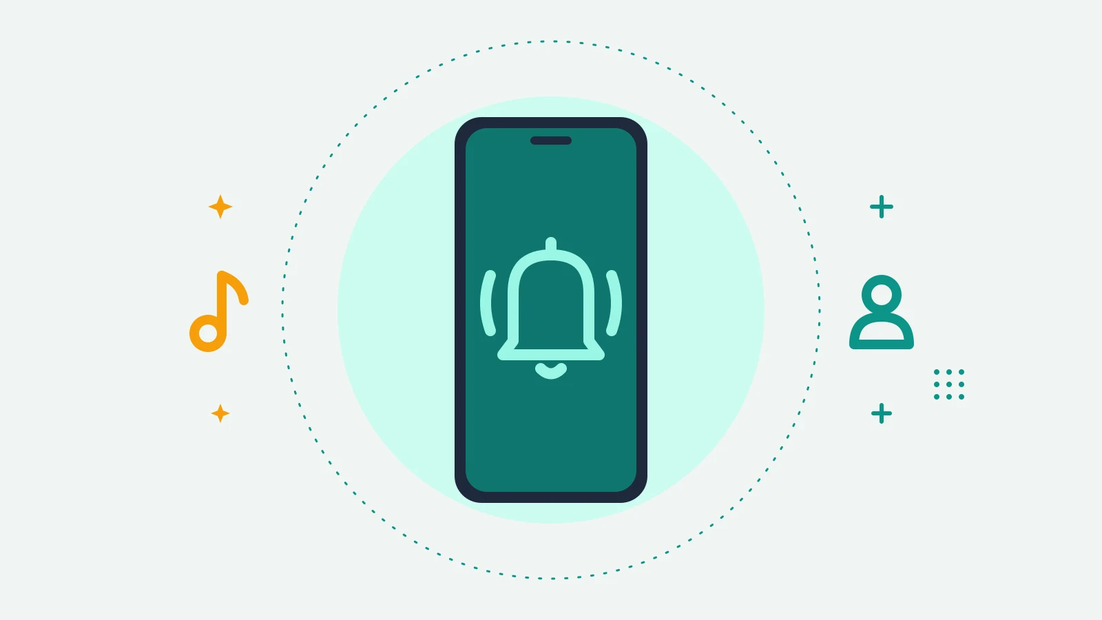 Illustration of a phone showing a ringing bell, with a music note on one side and a person outline on the other