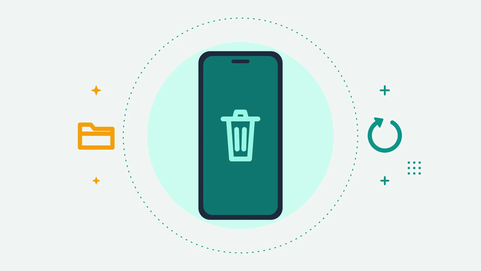 Illustration of a phone showing a trash bin, with a folder on one side and a refresh arrow on the other
