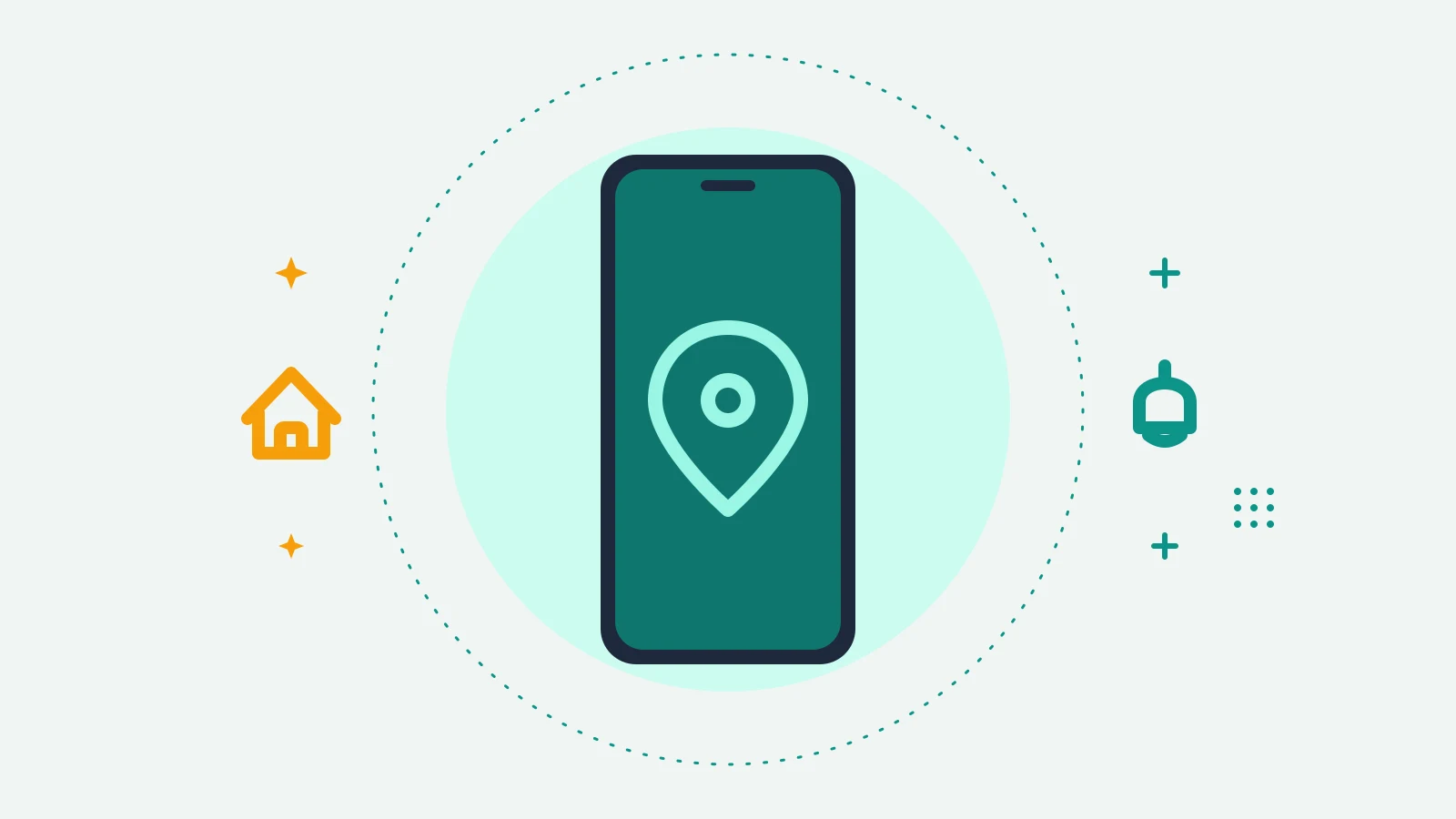 Illustration of a phone showing a location pin, with a house on one side and a bell on the other