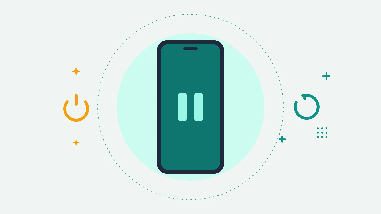Illustration of a phone showing a pause icon, with a power symbol on one side and a refresh arrow on the other