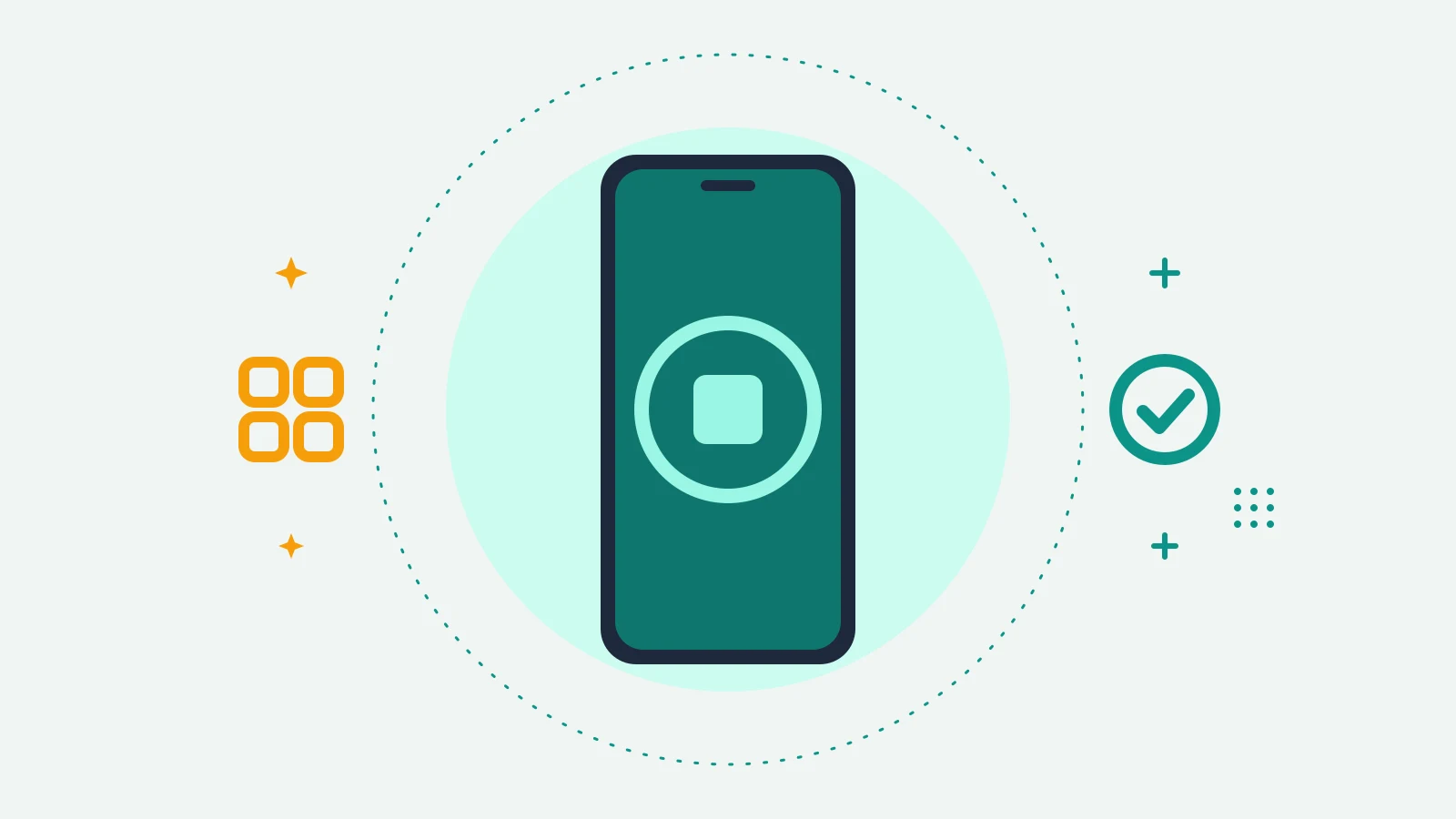 Illustration of a phone showing a stop symbol, with a grid of app squares on one side and a check mark on the other