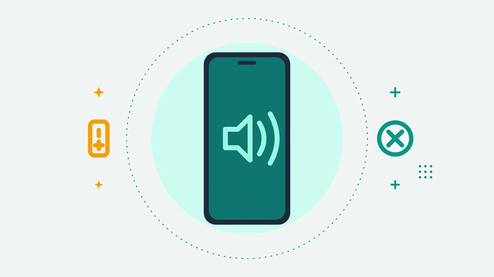 Illustration of a phone showing a speaker with sound waves, with volume buttons on one side and an off symbol on the other