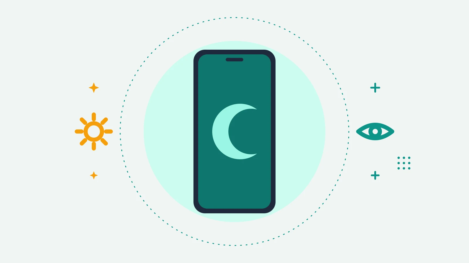 Illustration of a phone showing a crescent moon, with a sun on one side and an eye icon on the other