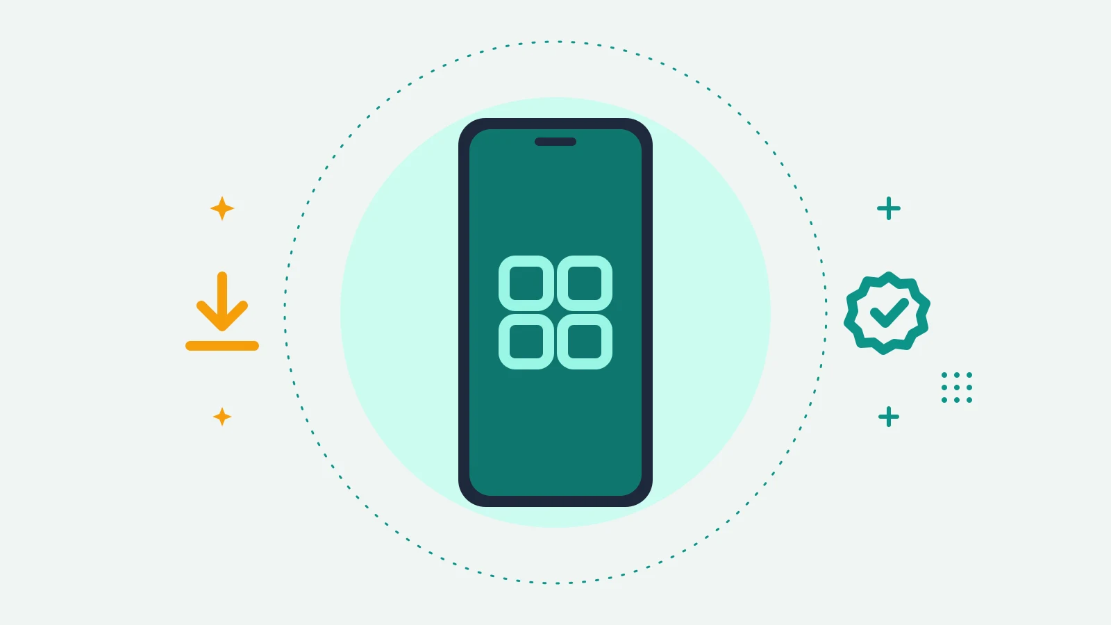 Illustration of a phone showing a grid of app squares, with a download arrow on one side and a check badge on the other