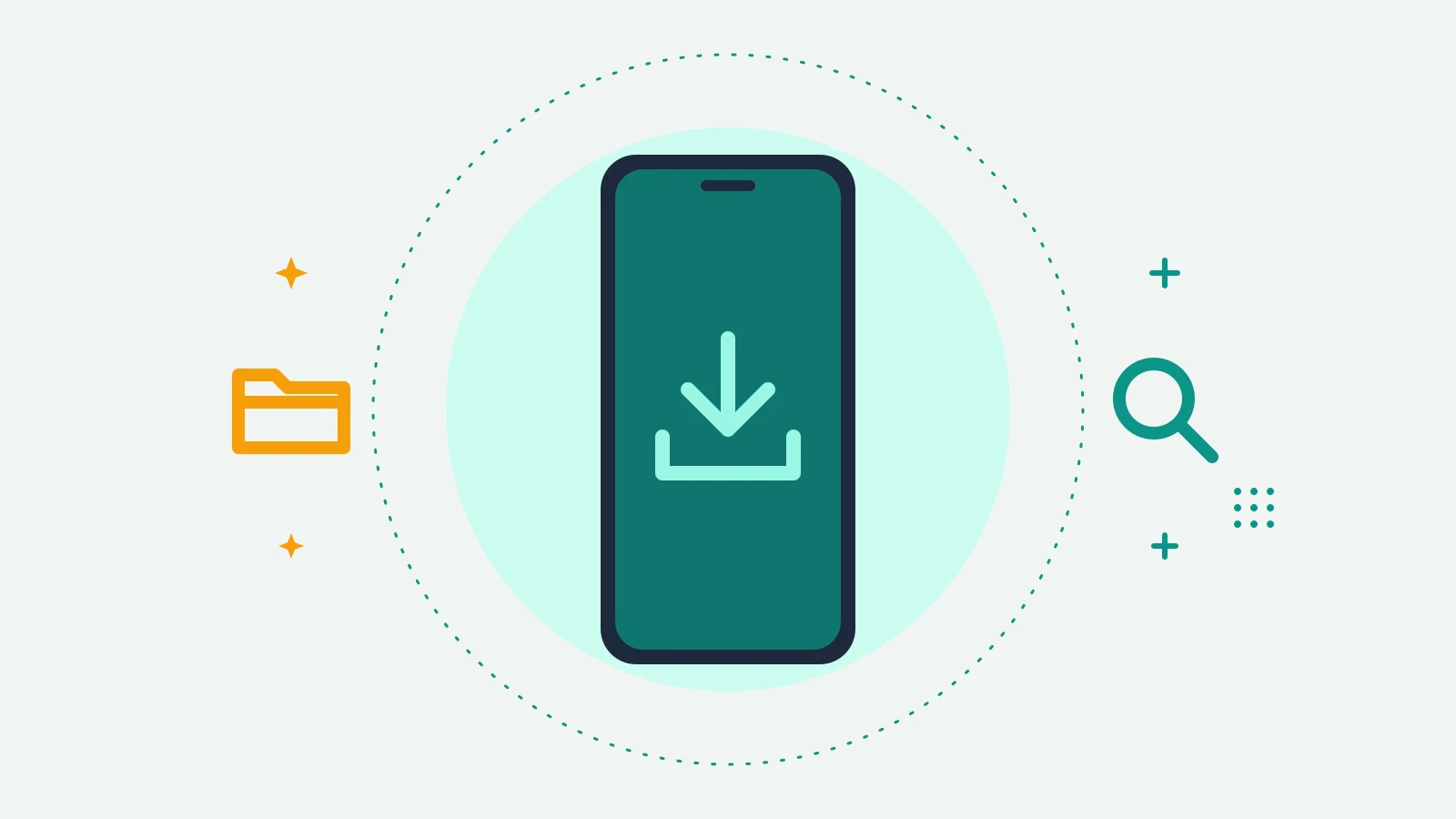 Illustration of a phone showing a download arrow into a tray, with a folder on one side and a magnifying glass on the other