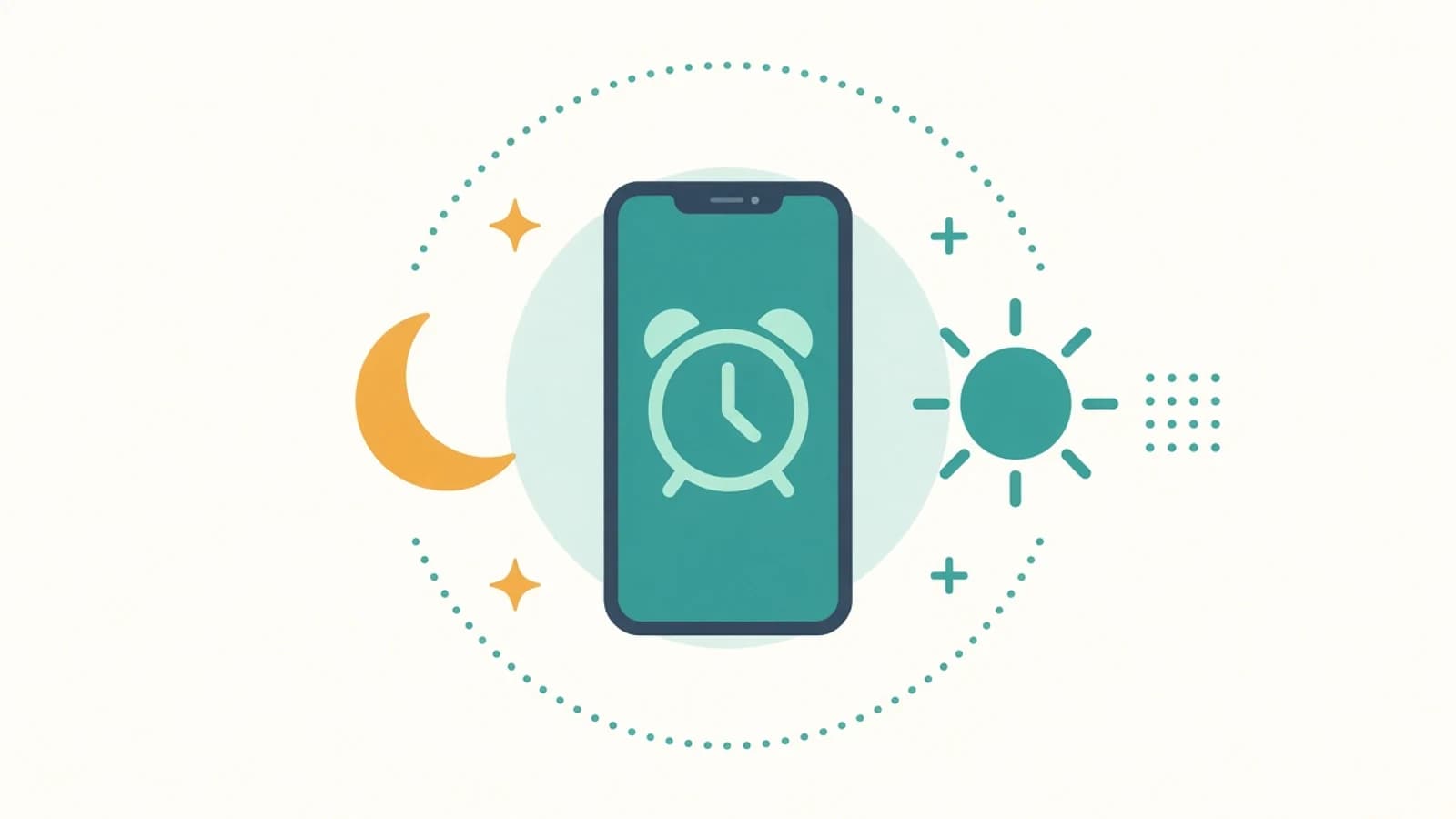 Illustration of a phone showing an alarm clock, with a crescent moon on one side and a sun on the other