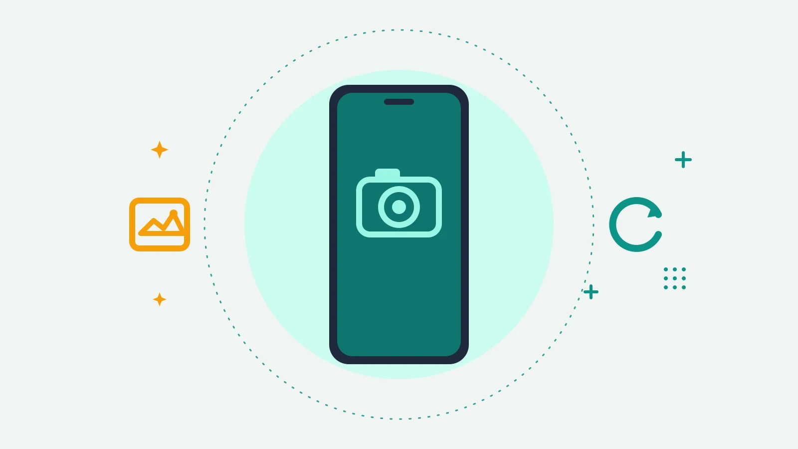 Illustration of a phone showing a camera icon, with a framed photo on one side and a refresh arrow on the other
