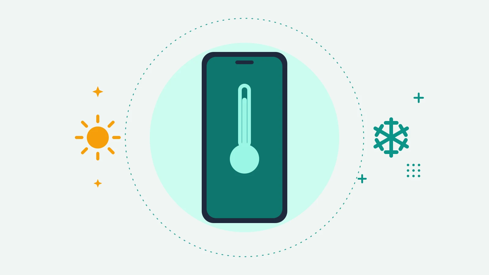 Illustration of a phone showing a thermometer icon, with a sun shape on one side and a snowflake on the other