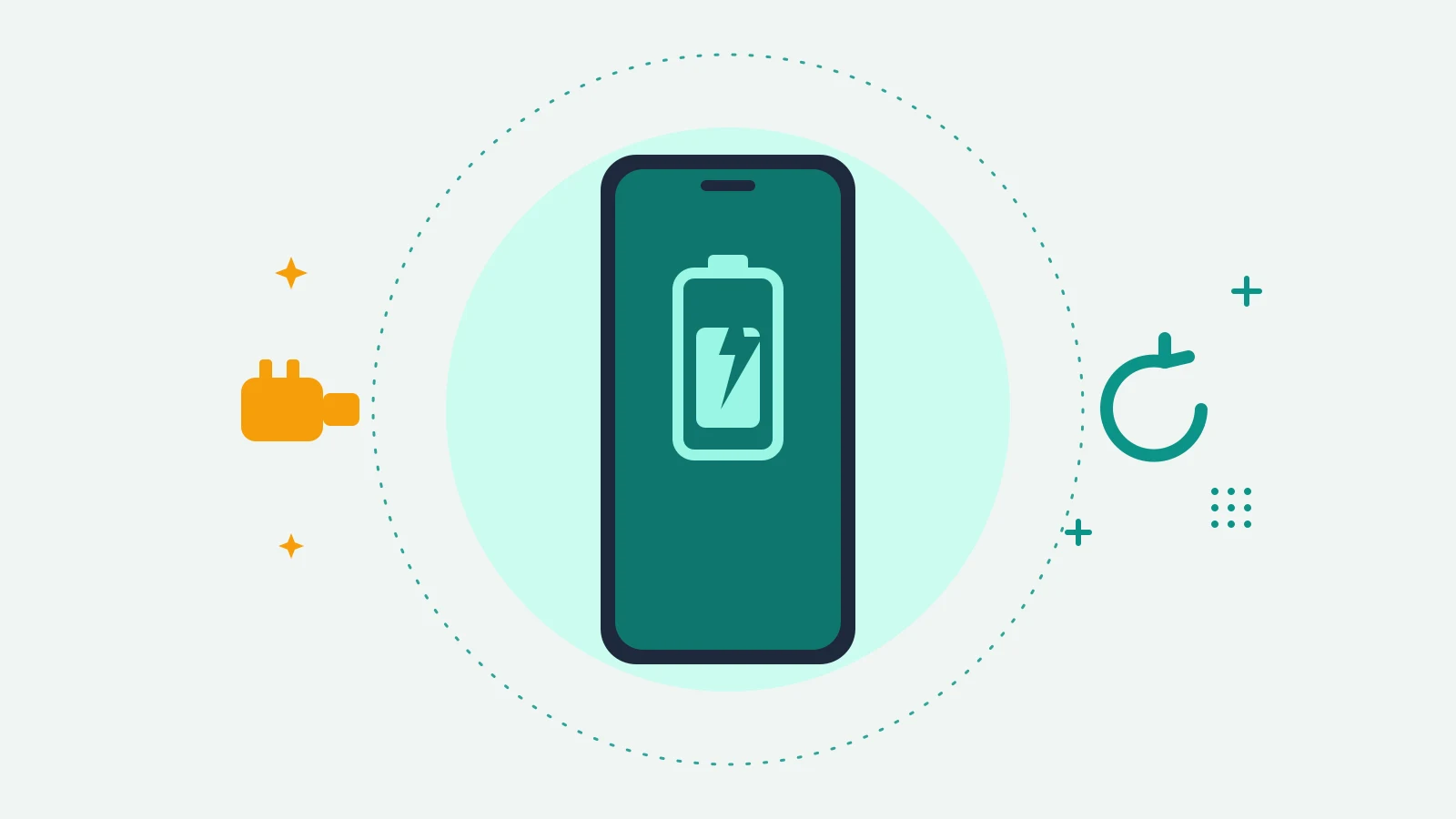 Illustration of a phone showing a battery with a bolt mark, with a power plug on one side and a refresh arrow on the other