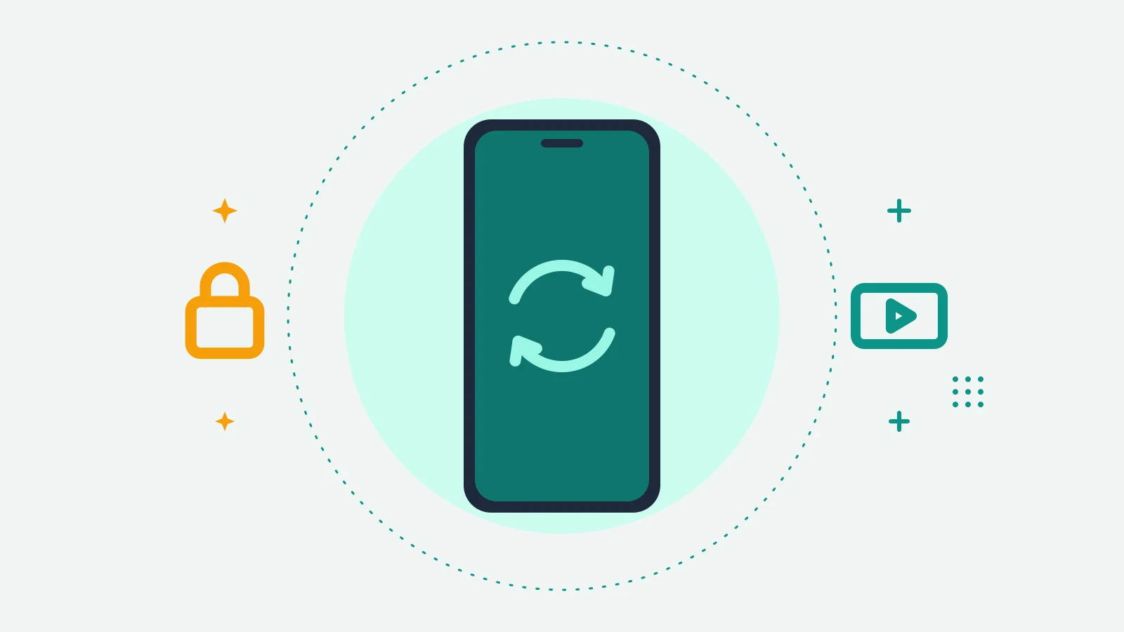 Illustration of a phone showing two curved rotation arrows, with a padlock on one side and a widescreen video frame on the other