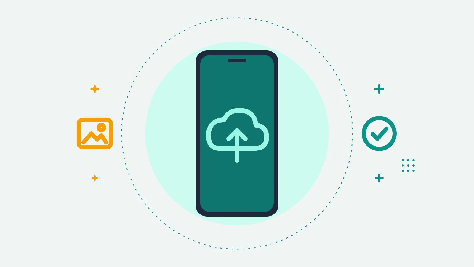 Illustration of a phone showing a cloud with an up arrow, with a framed mountain photo on one side and a check badge on the other