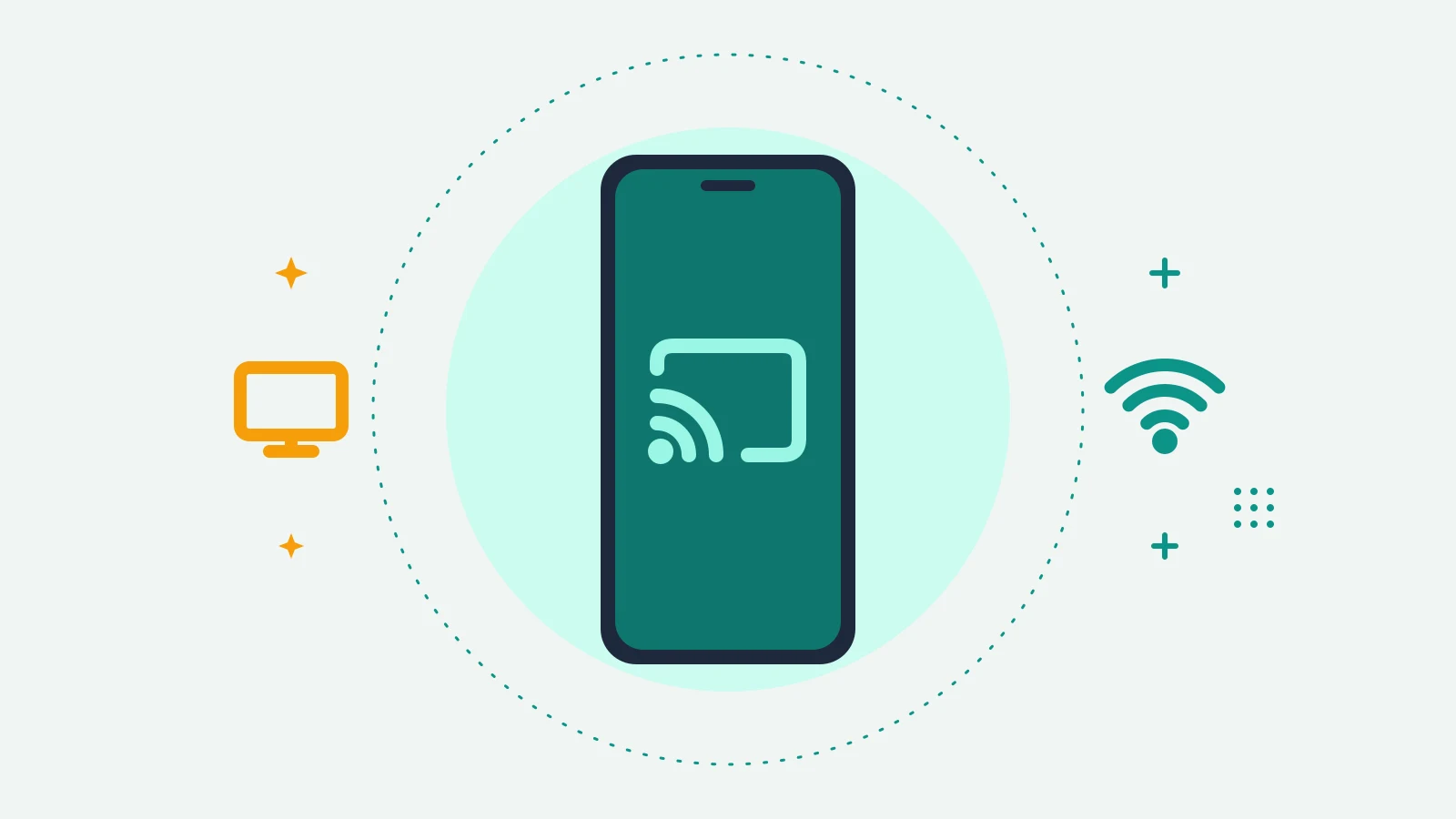 Illustration of a phone showing a cast symbol, with a television on one side and Wi-Fi waves on the other