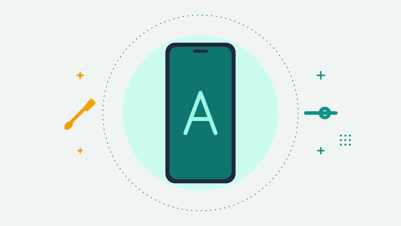 Illustration of a phone showing a large letter A, with a paintbrush on one side and a slider on the other