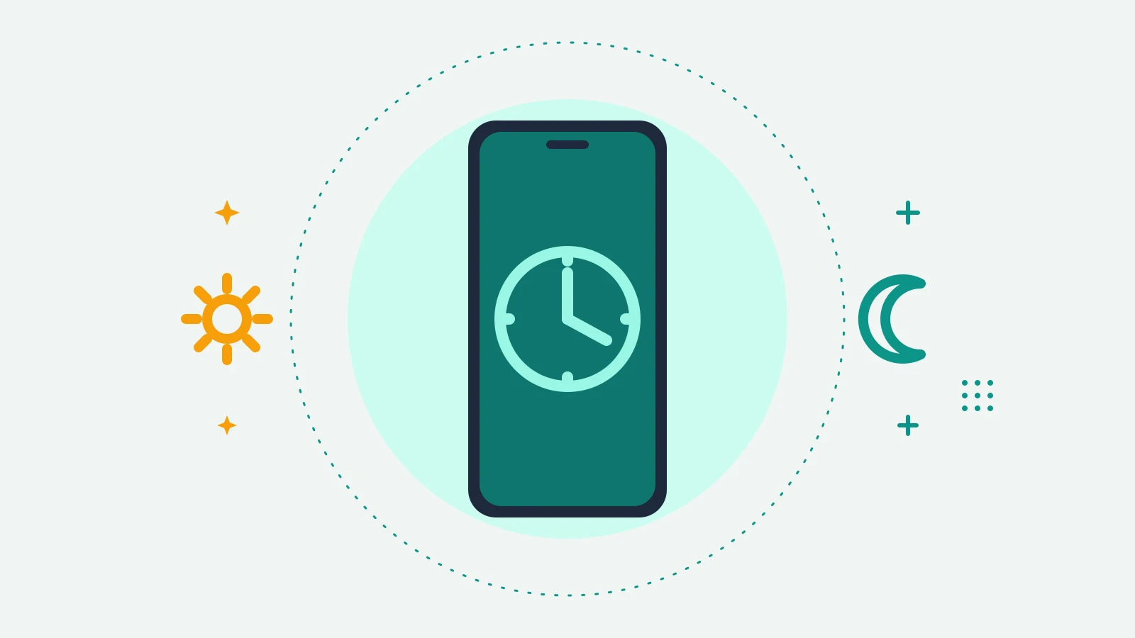 Illustration of a phone showing a clock face without numbers, with a sun on one side and a crescent moon on the other