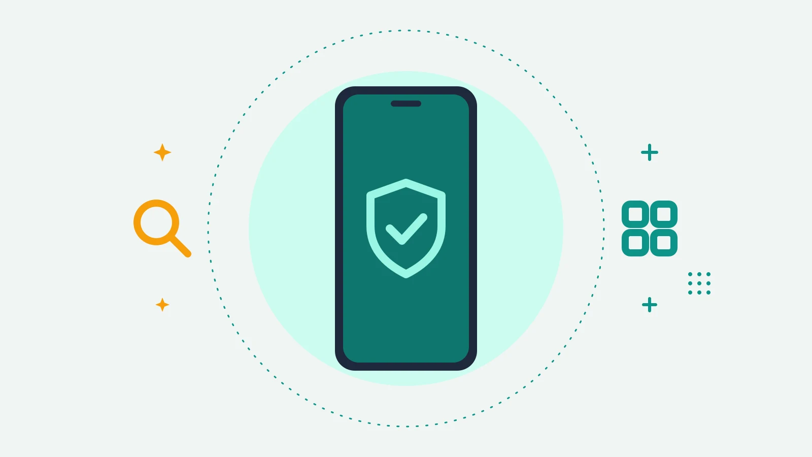 Illustration of a phone showing a shield with a check mark, with a magnifying glass on one side and a grid of app squares on the other