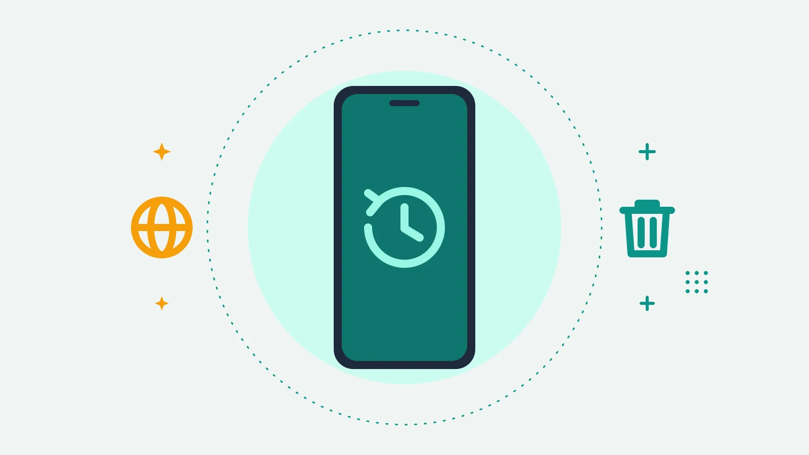 Illustration of a phone showing a clock with a backward arrow, with a globe on one side and a trash can on the other