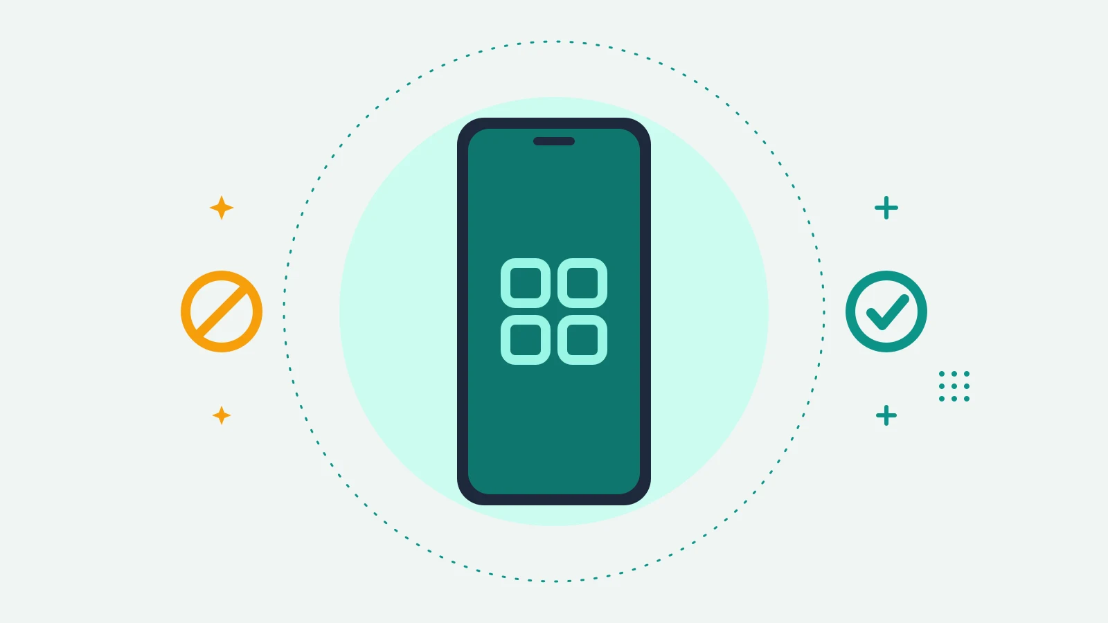 Illustration of a phone showing an app grid, with a ban symbol on one side and a check mark on the other