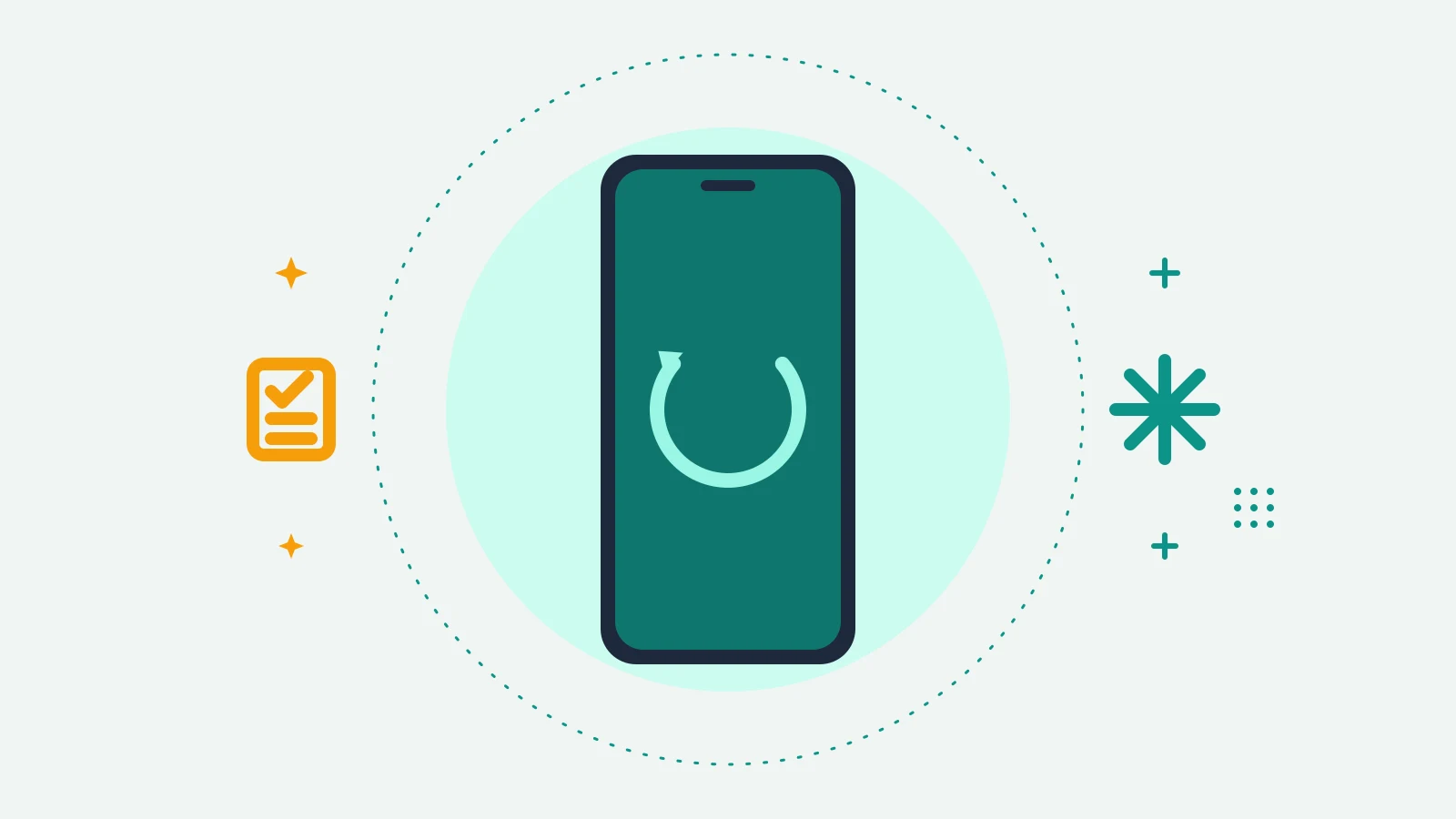 Illustration of a phone showing a circular refresh arrow, with a checklist on one side and a sparkle on the other