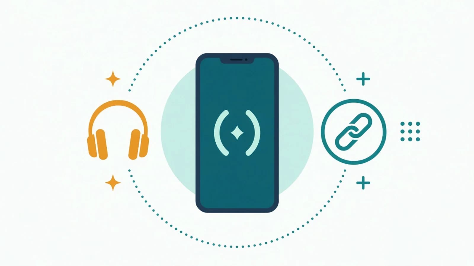 Illustration of a phone showing a wireless signal mark, with headphones on one side and a link icon on the other