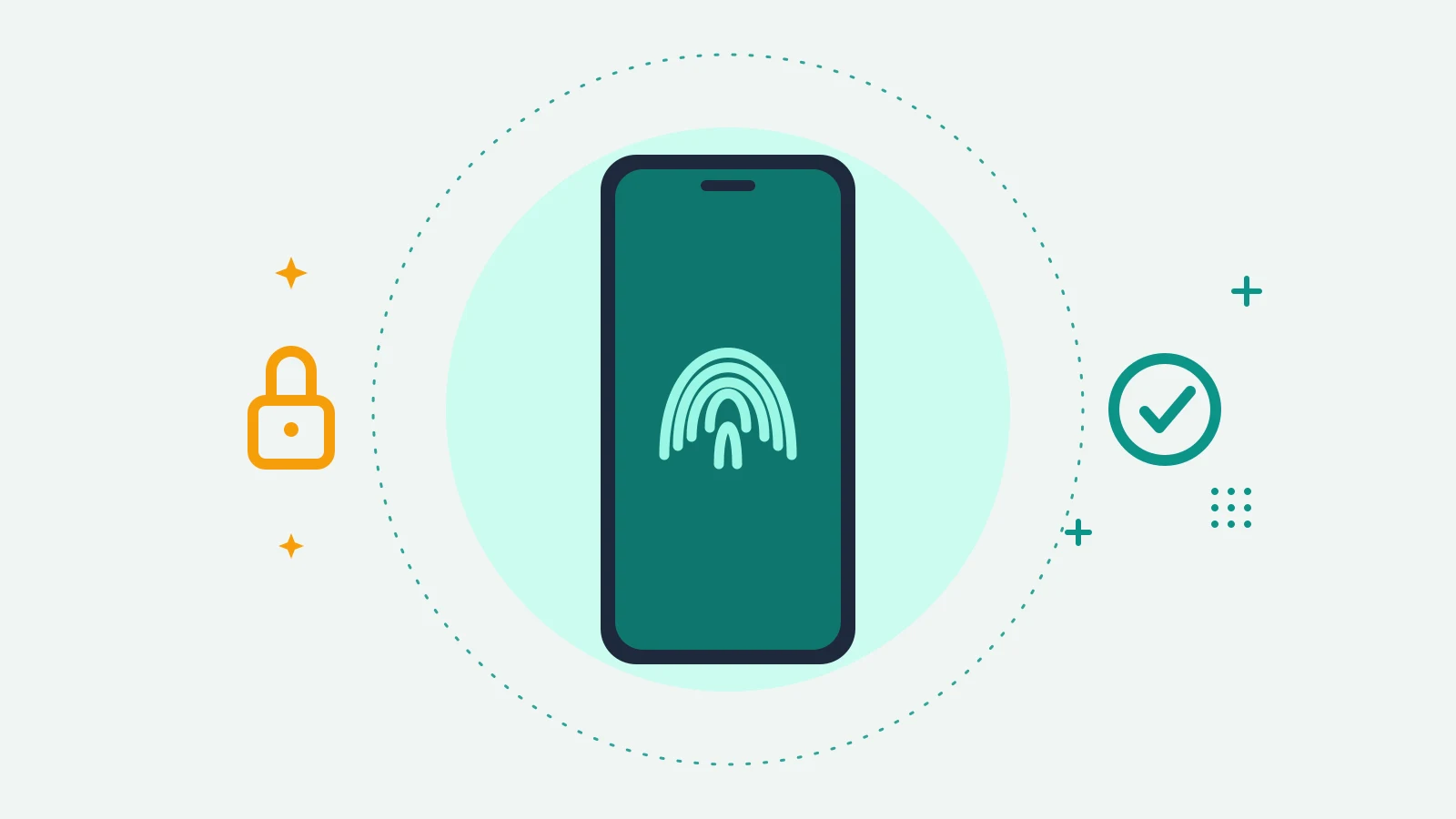 Illustration of a phone showing a fingerprint icon, with a lock on one side and a check mark on the other