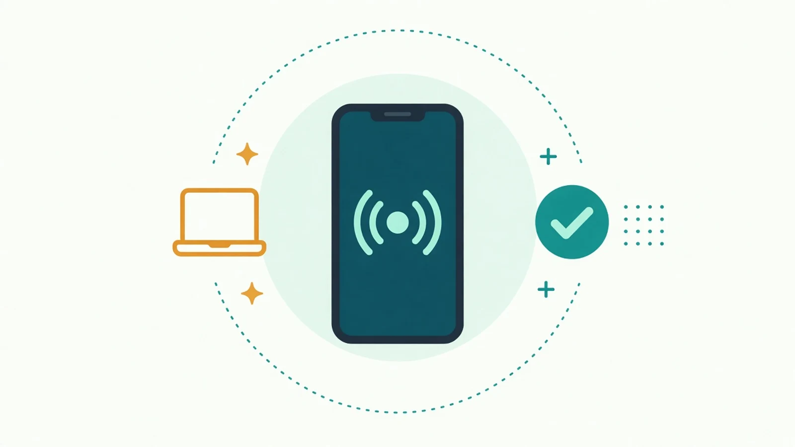 Illustration of a phone showing a hotspot signal, with a laptop on one side and a check badge on the other