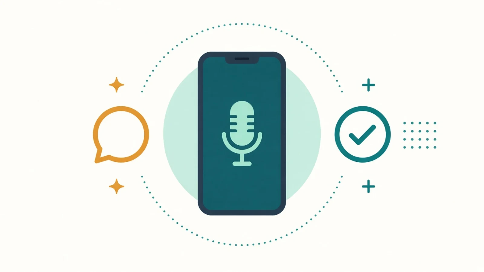 Illustration of a phone showing a microphone icon, with a speech bubble on one side and a check badge on the other