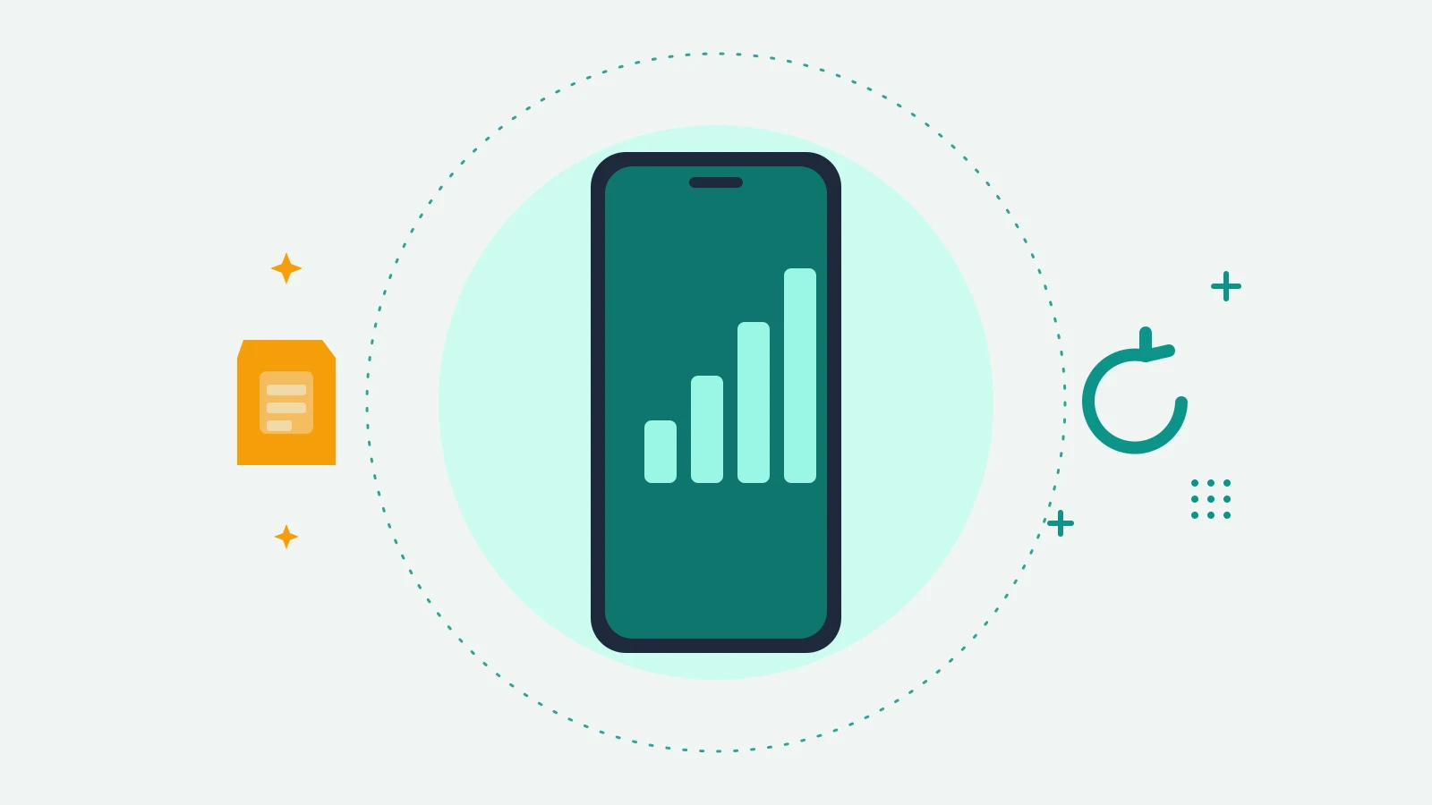 Illustration of a phone showing signal bars, with a SIM card shape on one side and a refresh arrow on the other
