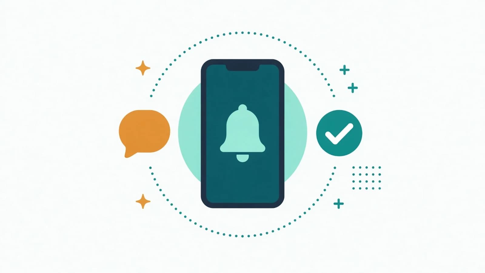 Illustration of a phone showing a notification bell, with a speech bubble on one side and a check badge on the other