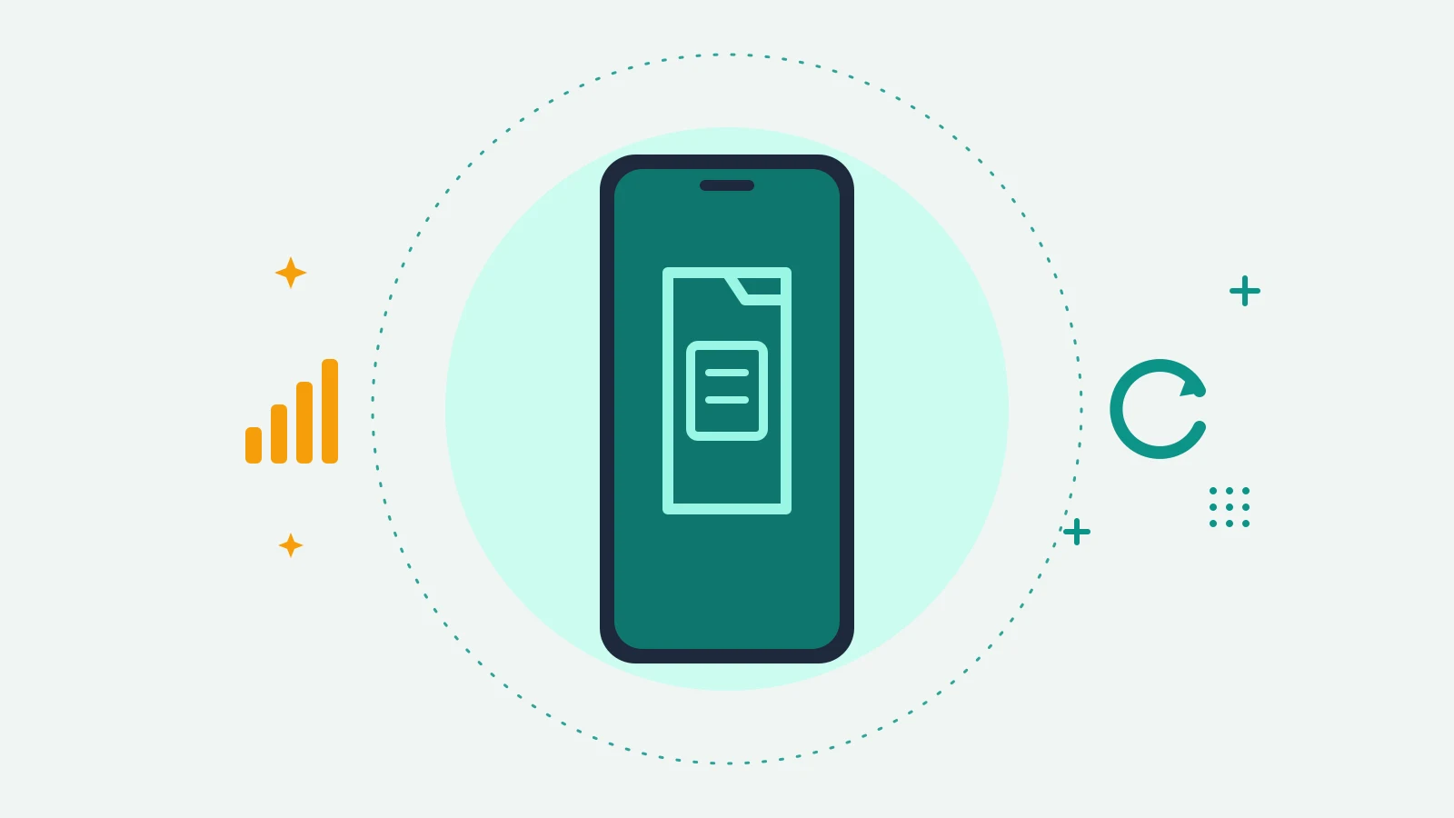 Illustration of a phone showing a SIM card icon, with signal bars on one side and a refresh arrow on the other