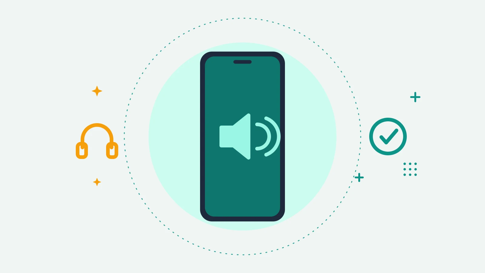 Illustration of a phone showing a speaker icon, with headphones on one side and a check mark on the other