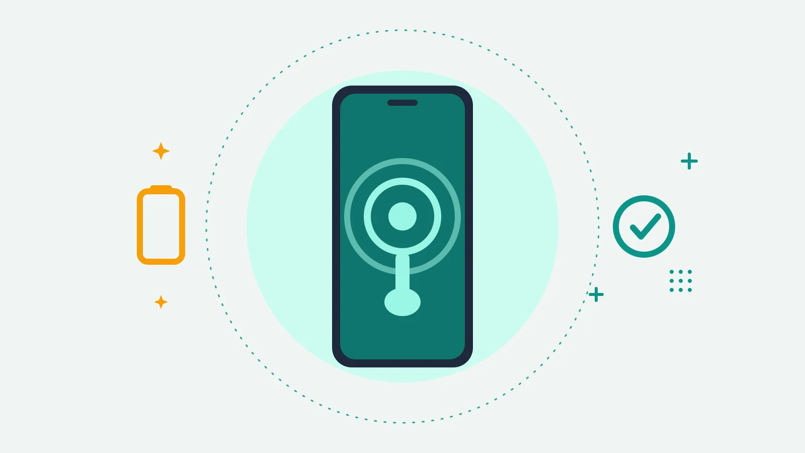 Illustration of a phone showing a touch target icon, with a phone case outline on one side and a check mark on the other