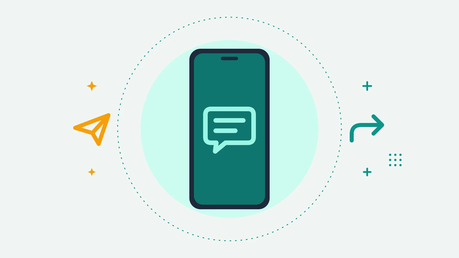 Illustration of a phone showing a speech bubble, with a paper plane on one side and a curved forward arrow on the other