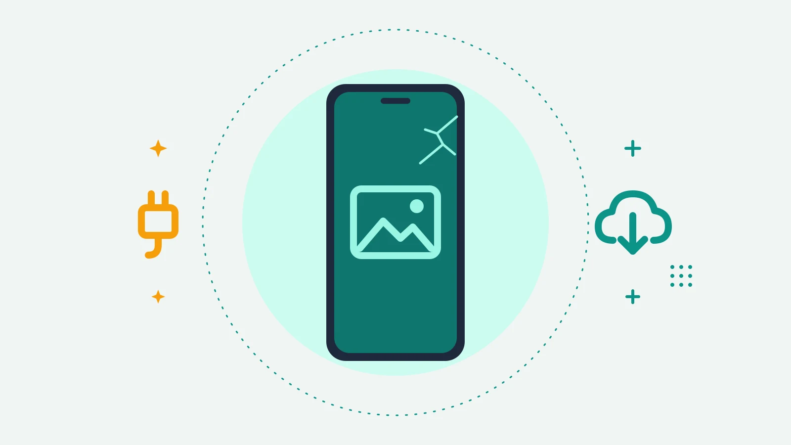 Illustration of a phone with a small crack, showing a photo of mountains and a sun, with a cable plug on one side and a cloud with a down arrow on the other