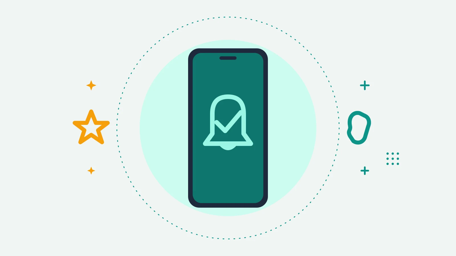 Illustration of a phone showing a bell with a check mark, with a star on one side and a phone handset on the other