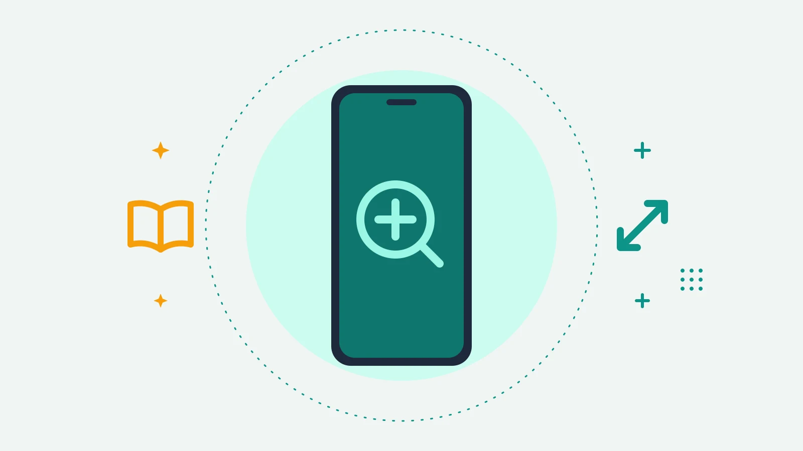 Illustration of a phone showing a magnifying glass with a plus sign, with an open book on one side and an expand arrow on the other