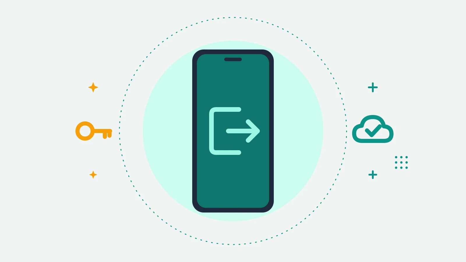 Illustration of a phone showing a sign-out arrow, with a key on one side and a cloud with a check mark on the other