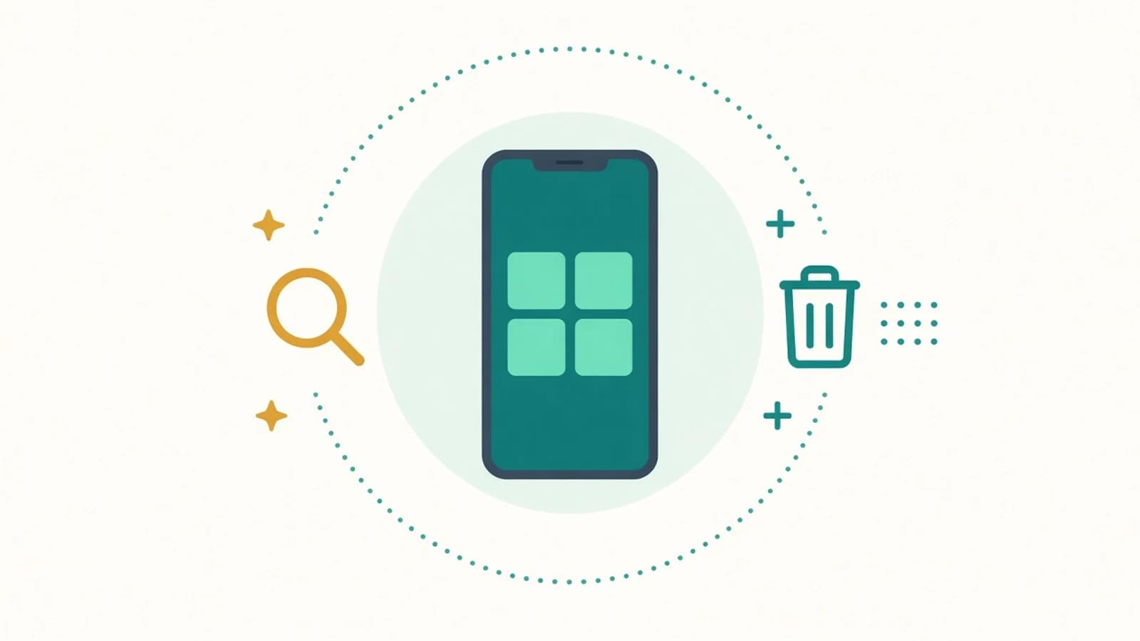 Illustration of a phone showing a grid of four app squares, with a magnifying glass on one side and a trash can on the other