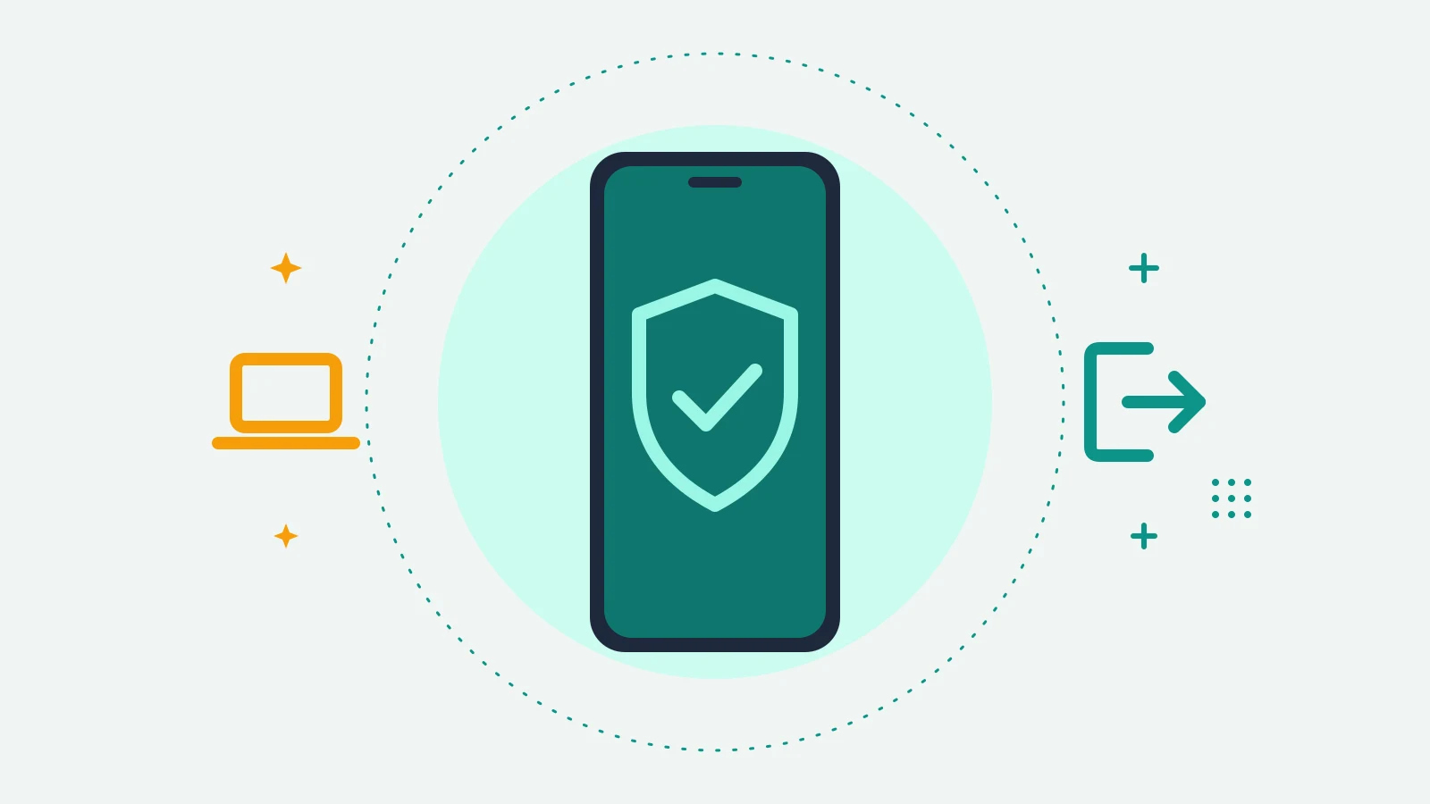 Illustration of a phone showing a shield with a check mark, with a laptop on one side and a sign-out arrow on the other