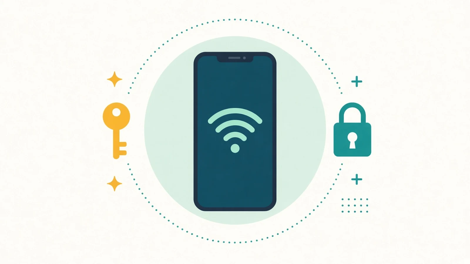 Illustration of a phone showing a Wi-Fi symbol, with a key on one side and a padlock on the other