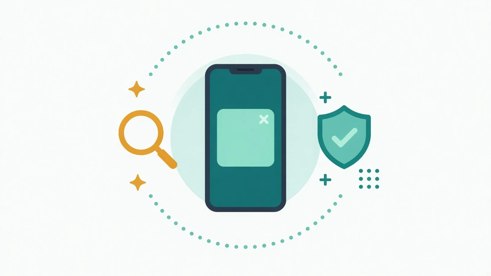 Illustration of a phone showing a blank pop-up window with a close mark, with a magnifying glass on one side and a shield with a check mark on the other