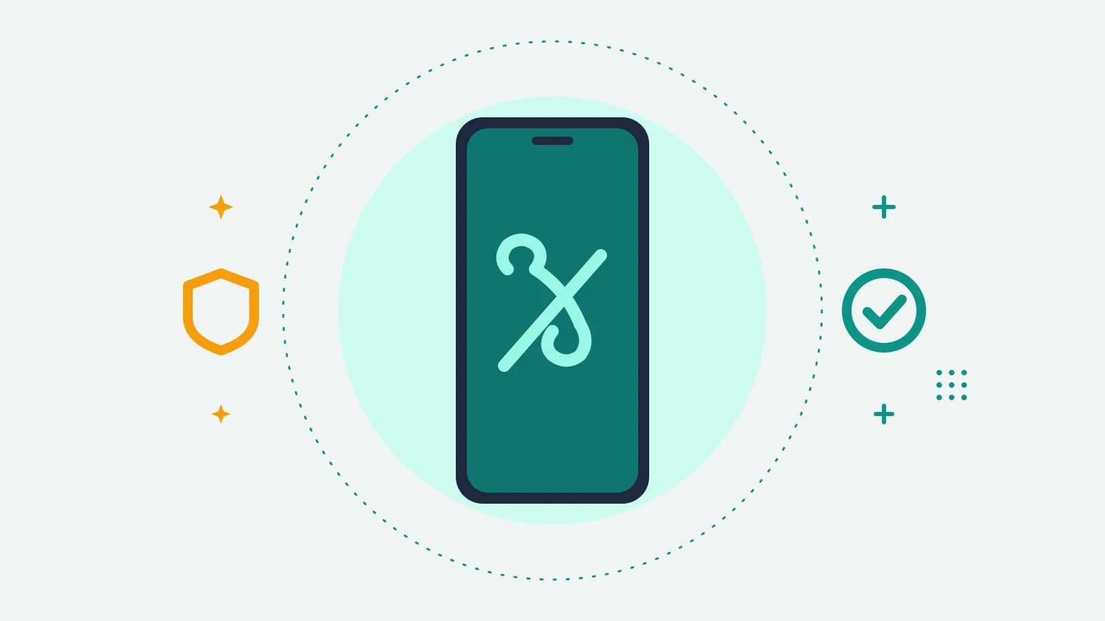 Illustration of a phone showing a handset with a slash through it, with a shield on one side and a check badge on the other