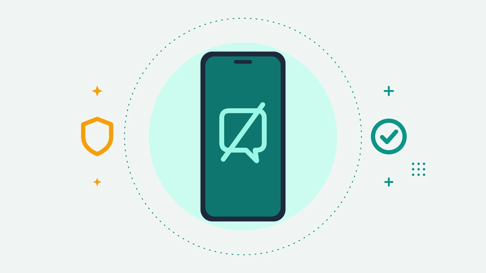 Illustration of a phone showing a speech bubble with a slash through it, with a shield on one side and a check badge on the other