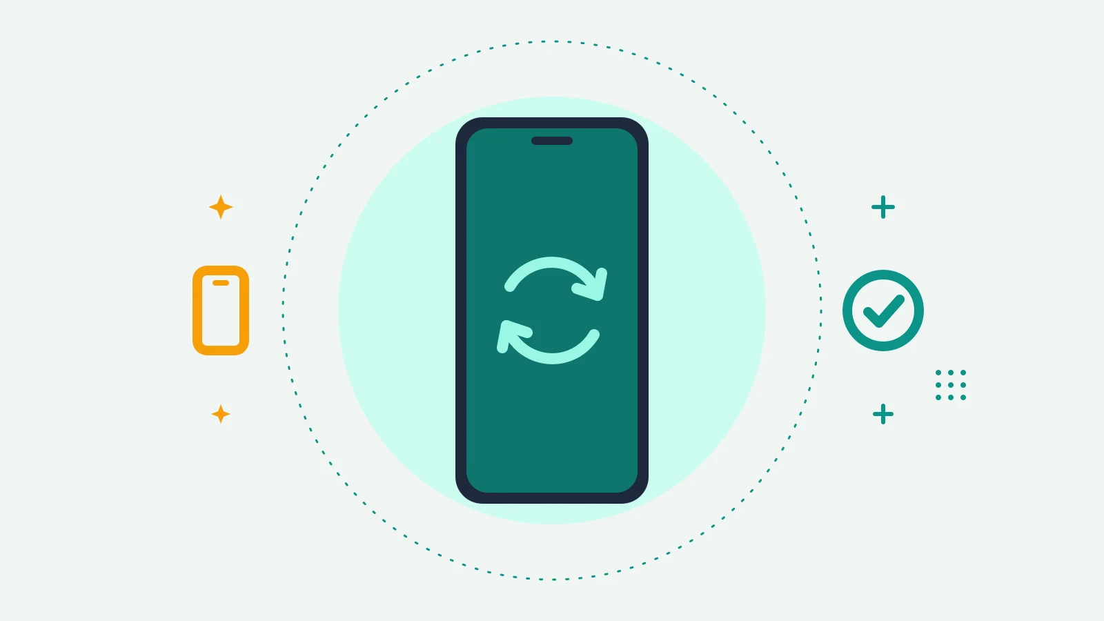 Illustration of a phone showing two arrows in a circle, with a second phone on one side and a check badge on the other