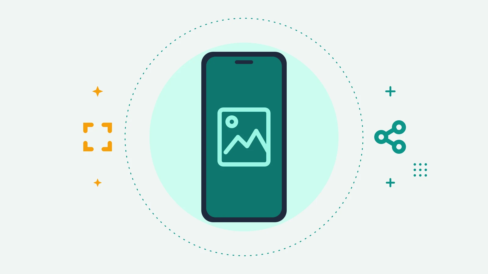 Illustration of a phone showing a capture frame, with crop corners on one side and a share symbol on the other