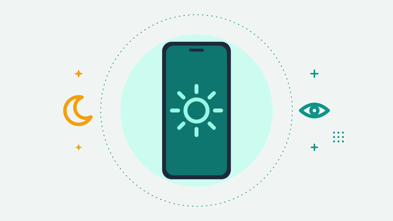Illustration of a phone showing a sun symbol, with a crescent moon on one side and an eye on the other