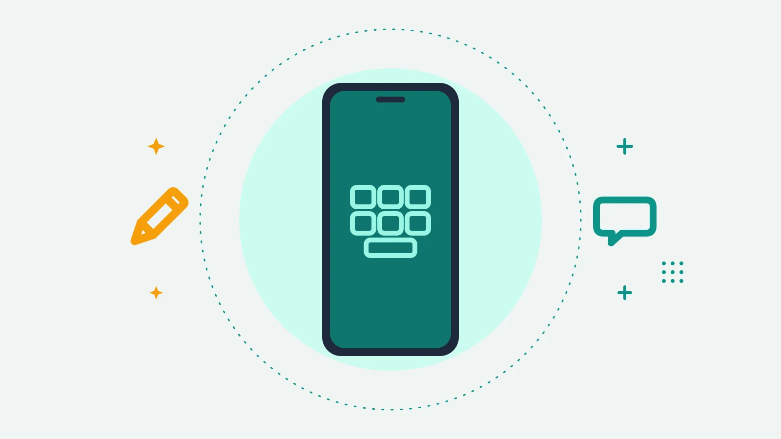 Illustration of a phone showing rows of blank keyboard keys, with a pencil on one side and an empty speech bubble on the other