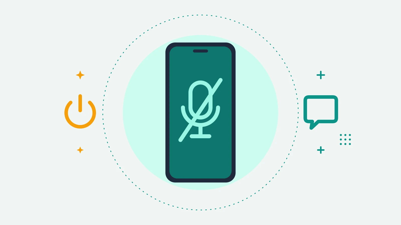 Illustration of a phone showing a microphone with a line through it, with a power symbol on one side and a speech bubble on the other