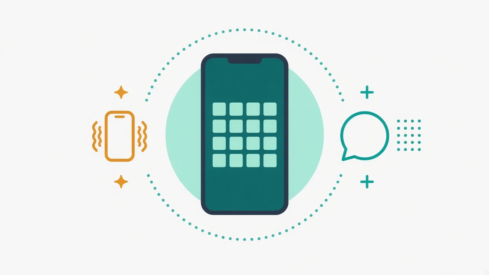 Illustration of a phone showing blank keyboard keys, with a vibrating phone on one side and a speech bubble on the other
