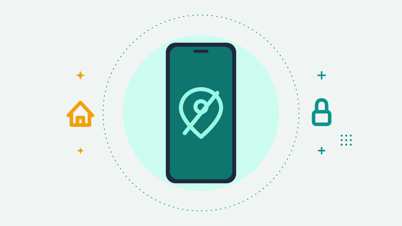 Illustration of a phone showing a location pin with a slash through it, with a home icon on one side and a lock on the other